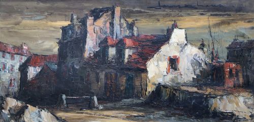fig 1. A mid-century framed oil painting depicting a textured European townscape with buildings in brown, red, and cream impasto tones.