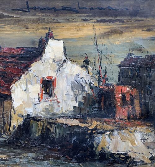fig 3. A mid-century framed oil painting depicting a textured European townscape with buildings in brown, red, and cream impasto tones.