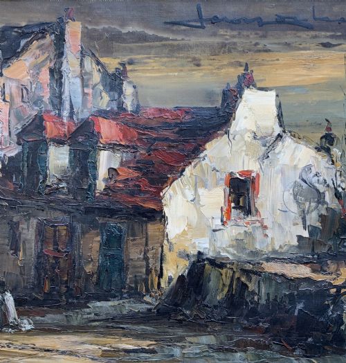 fig 4. A mid-century framed oil painting depicting a textured European townscape with buildings in brown, red, and cream impasto tones.