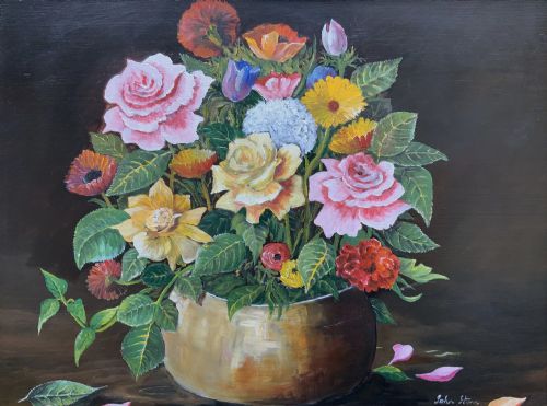 fig 1. A framed mid-20th-century oil painting depicting a colourful floral arrangement in a brass vase against a dark background.