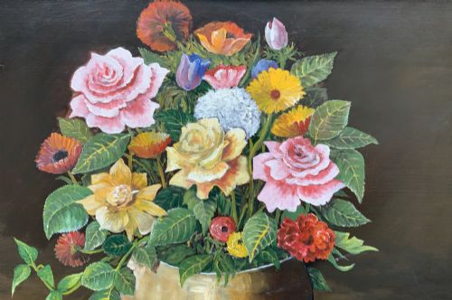 fig 2. A framed mid-20th-century oil painting depicting a colourful floral arrangement in a brass vase against a dark background.