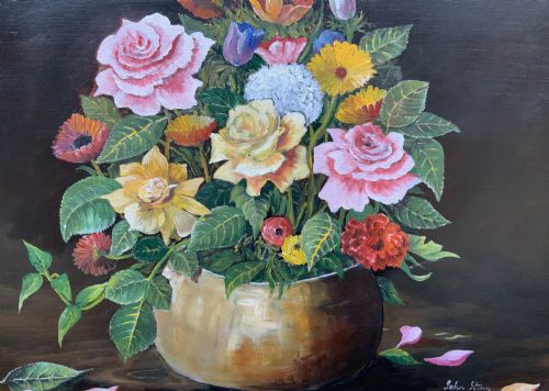 fig 3. A framed mid-20th-century oil painting depicting a colourful floral arrangement in a brass vase against a dark background.