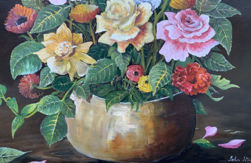 fig 4. A framed mid-20th-century oil painting depicting a colourful floral arrangement in a brass vase against a dark background.