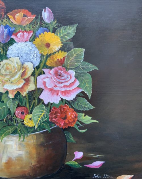 fig 5. A framed mid-20th-century oil painting depicting a colourful floral arrangement in a brass vase against a dark background.