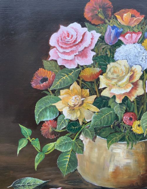 fig 7. A framed mid-20th-century oil painting depicting a colourful floral arrangement in a brass vase against a dark background.