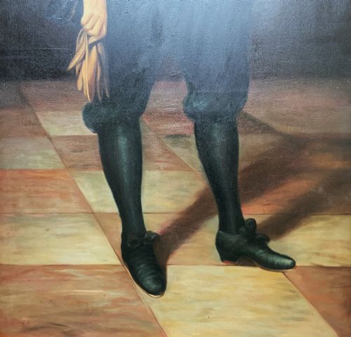 fig 6. A full-length oil painting depicting a 17th-century gentleman in a dark doublet and white ruff collar, set within a black and gold frame.