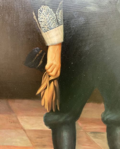 fig 8. A full-length oil painting depicting a 17th-century gentleman in a dark doublet and white ruff collar, set within a black and gold frame.