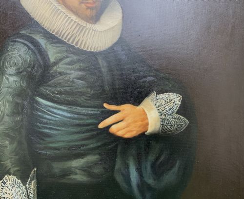 fig 9. A full-length oil painting depicting a 17th-century gentleman in a dark doublet and white ruff collar, set within a black and gold frame.