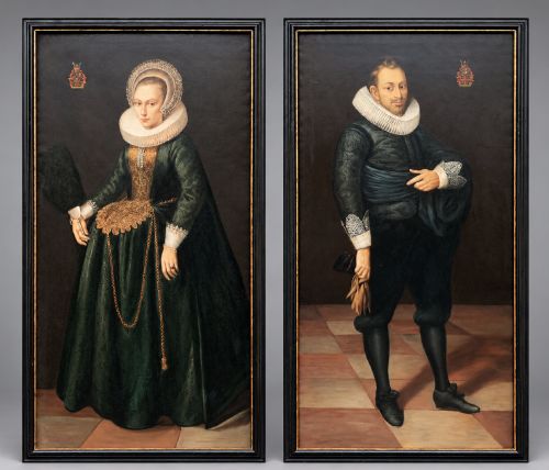 Superb Pair Huge Tudor-style Oil Portrait Paintings After Cornelis Van Der Voort