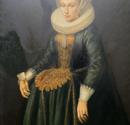 fig 5. A pair of large framed full-length oil portraits depicting a lady in a dark green gown and a gentleman in a black doublet, both wearing pleated ruff collars.