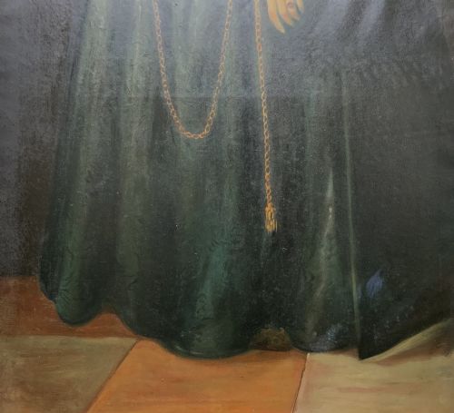 fig 6. A pair of large framed full-length oil portraits depicting a lady in a dark green gown and a gentleman in a black doublet, both wearing pleated ruff collars.