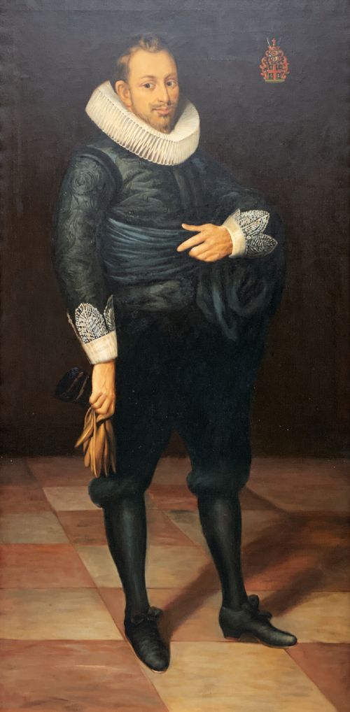 fig 9. A pair of large framed full-length oil portraits depicting a lady in a dark green gown and a gentleman in a black doublet, both wearing pleated ruff collars.
