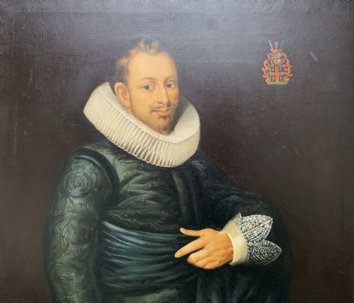 fig 10. A pair of large framed full-length oil portraits depicting a lady in a dark green gown and a gentleman in a black doublet, both wearing pleated ruff collars.