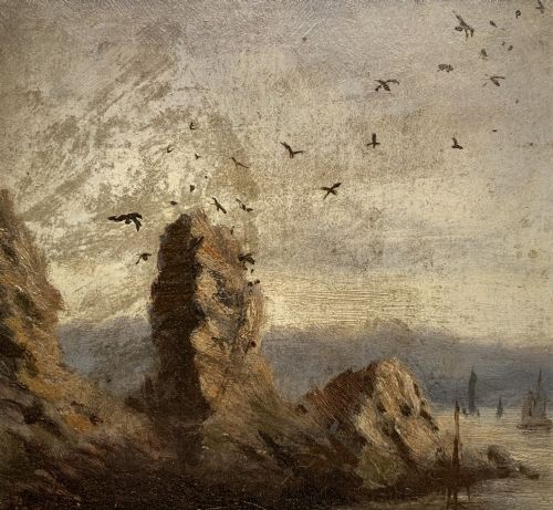 fig 3. A 19th-century miniature oil painting depicting a coastal cliff scene with a prominent rock stack, small boats, and birds in flight, set within a dark wooden frame.