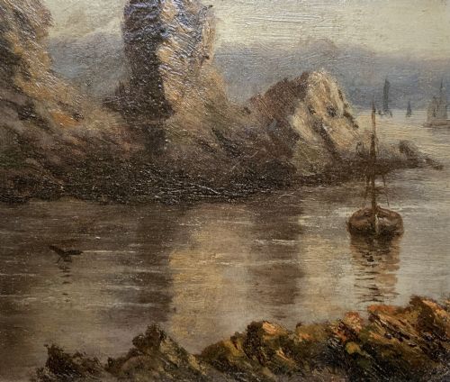fig 4. A 19th-century miniature oil painting depicting a coastal cliff scene with a prominent rock stack, small boats, and birds in flight, set within a dark wooden frame.