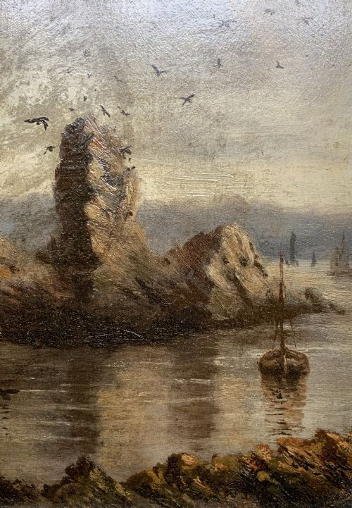 fig 5. A 19th-century miniature oil painting depicting a coastal cliff scene with a prominent rock stack, small boats, and birds in flight, set within a dark wooden frame.