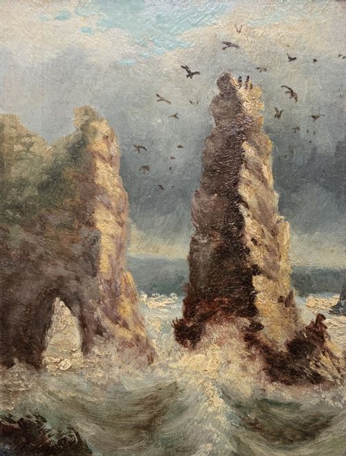 fig 1. A 19th-century miniature oil painting depicting coastal rock formations in sea swell, set within a dark wooden frame with a white slip.