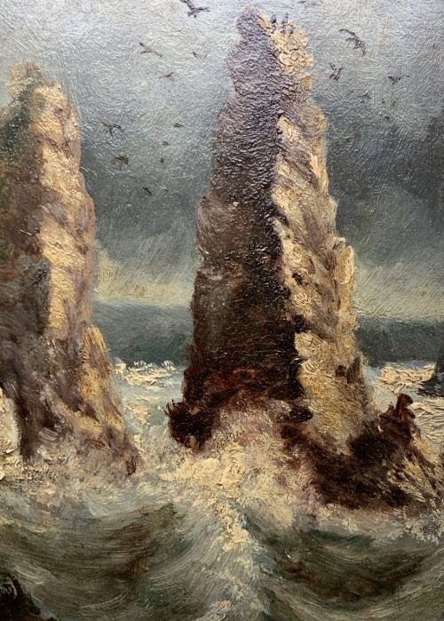 fig 3. A 19th-century miniature oil painting depicting coastal rock formations in sea swell, set within a dark wooden frame with a white slip.