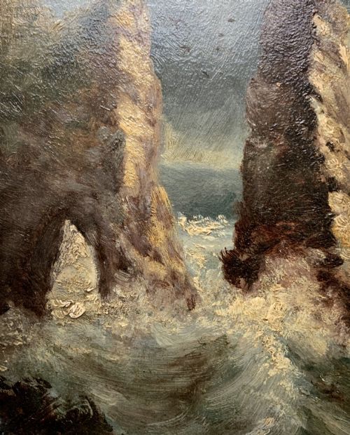 fig 4. A 19th-century miniature oil painting depicting coastal rock formations in sea swell, set within a dark wooden frame with a white slip.