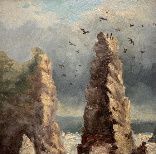 fig 5. A 19th-century miniature oil painting depicting coastal rock formations in sea swell, set within a dark wooden frame with a white slip.