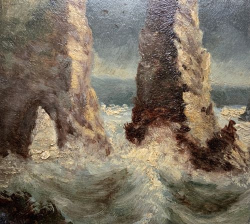 fig 6. A 19th-century miniature oil painting depicting coastal rock formations in sea swell, set within a dark wooden frame with a white slip.