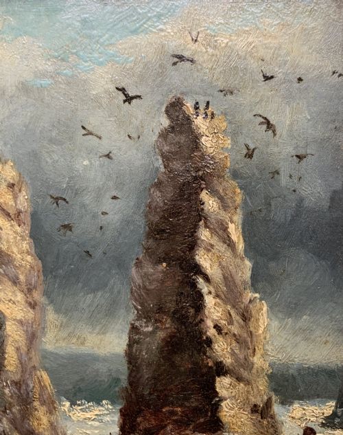 fig 7. A 19th-century miniature oil painting depicting coastal rock formations in sea swell, set within a dark wooden frame with a white slip.