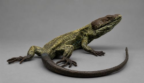 fig 6. An antique cold-painted bronze sculpture depicting a realistic lizard with textured yellow and brown skin, blue accents, and a long curved tail.