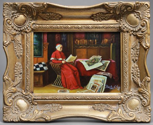 Vintage 1960s Miniature Oil on Panel Painting - Cardinal Interior Scene