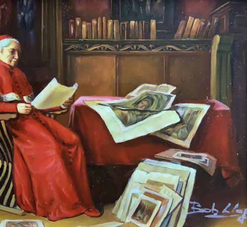 fig 2. A miniature oil painting depicting a cardinal dressed in red robes seated inside a library reading papers, set within an ornate carved gilt frame.