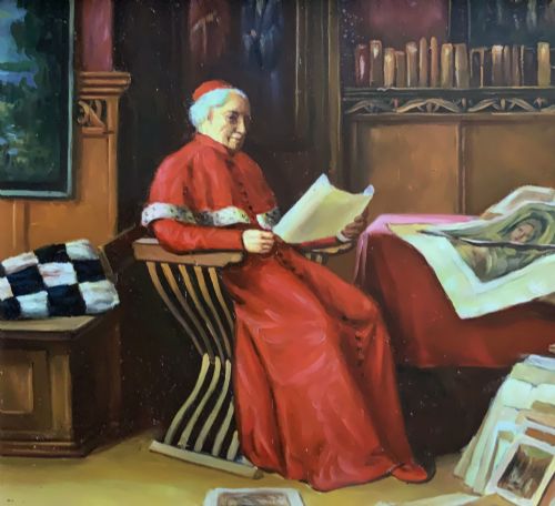 fig 3. A miniature oil painting depicting a cardinal dressed in red robes seated inside a library reading papers, set within an ornate carved gilt frame.