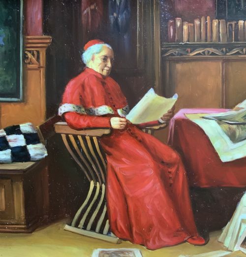 fig 4. A miniature oil painting depicting a cardinal dressed in red robes seated inside a library reading papers, set within an ornate carved gilt frame.