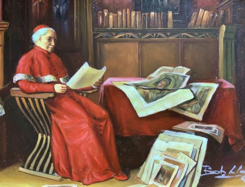 fig 5. A miniature oil painting depicting a cardinal dressed in red robes seated inside a library reading papers, set within an ornate carved gilt frame.
