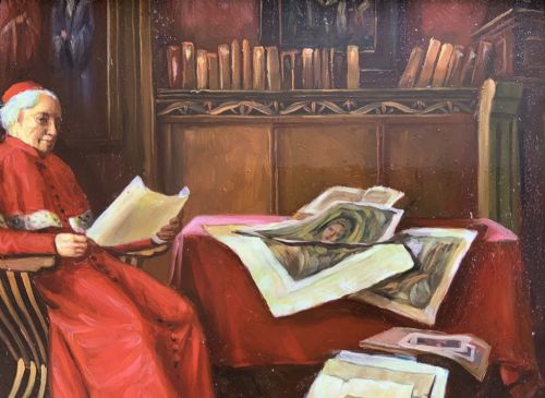fig 6. A miniature oil painting depicting a cardinal dressed in red robes seated inside a library reading papers, set within an ornate carved gilt frame.