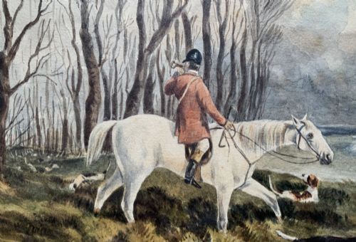 fig 3. A framed 19th-century watercolour painting depicting a huntsman in a red coat riding a white horse alongside hunting hounds through a woodland landscape.