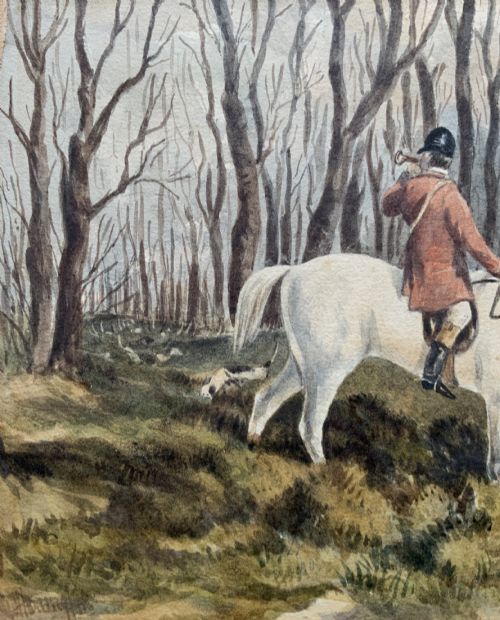 fig 4. A framed 19th-century watercolour painting depicting a huntsman in a red coat riding a white horse alongside hunting hounds through a woodland landscape.
