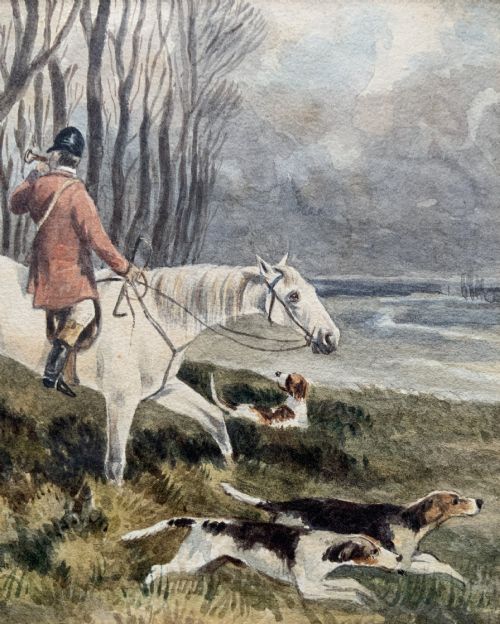 fig 6. A framed 19th-century watercolour painting depicting a huntsman in a red coat riding a white horse alongside hunting hounds through a woodland landscape.