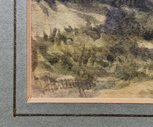 fig 7. A framed 19th-century watercolour painting depicting a huntsman in a red coat riding a white horse alongside hunting hounds through a woodland landscape.
