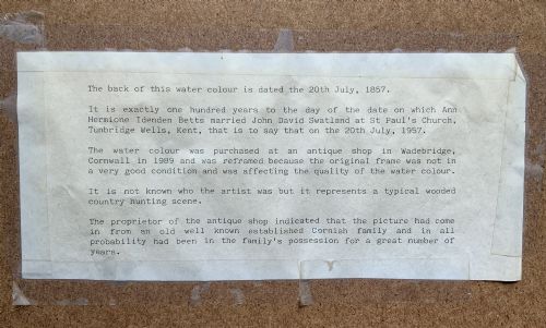 fig 8. A framed 19th-century watercolour painting depicting a huntsman in a red coat riding a white horse alongside hunting hounds through a woodland landscape.