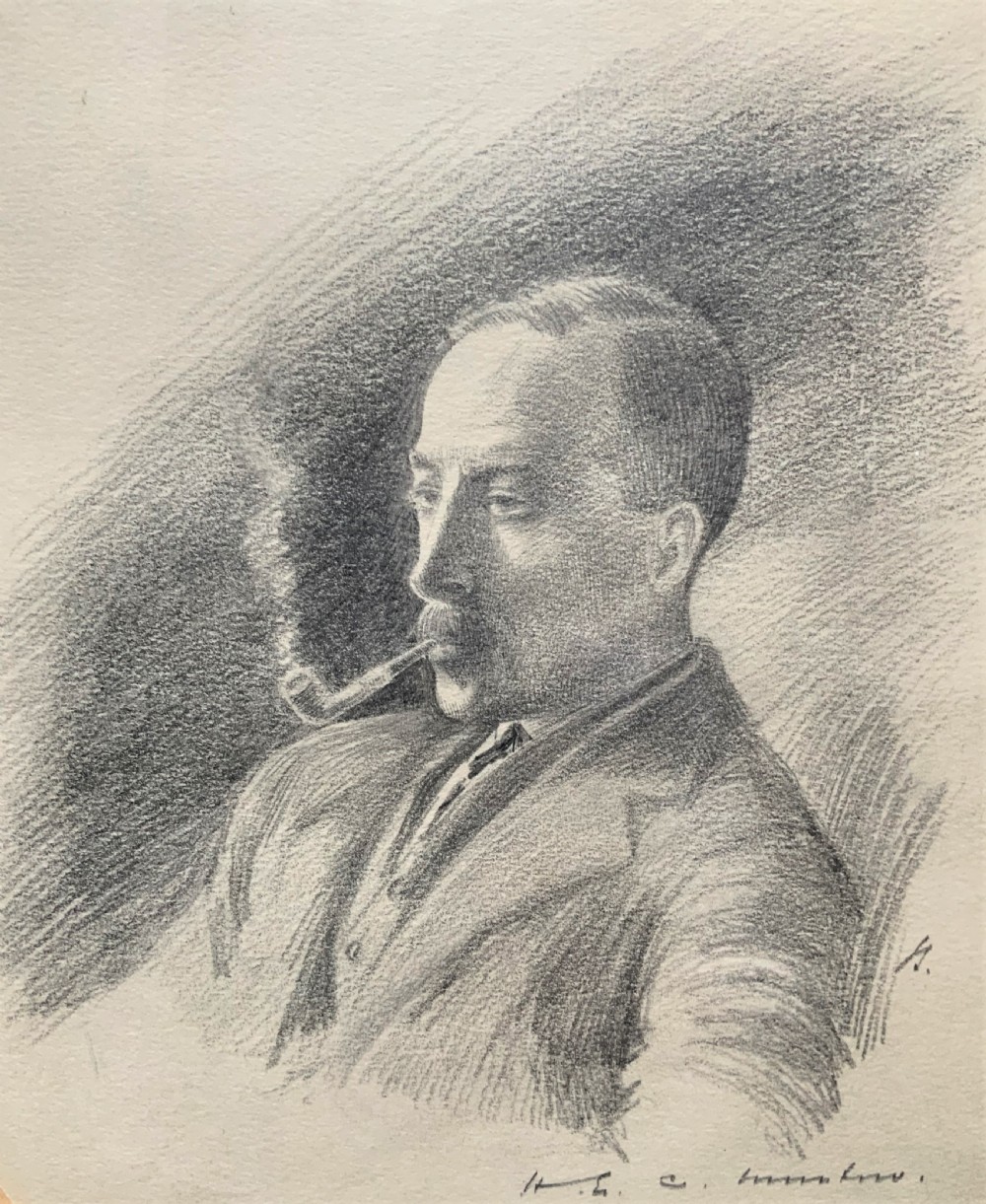 SUPERB ORIGINAL 19thc ENGLISH SCHOOL PENCIL PORTRAIT PAINTING OF A SMOKING GENT