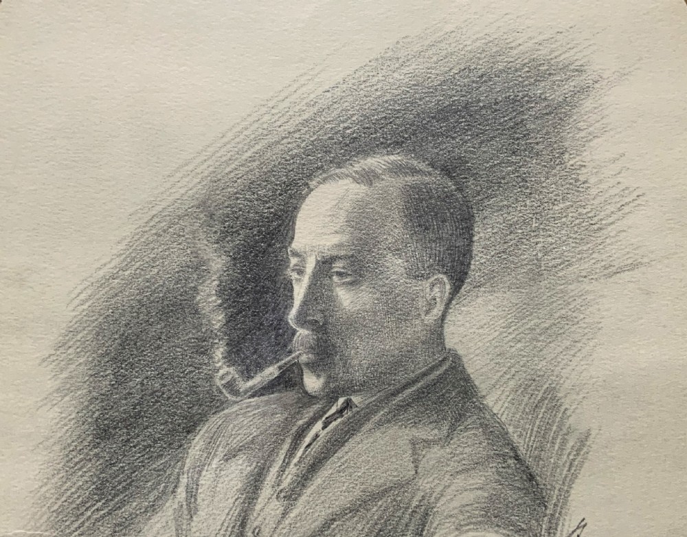 SUPERB ORIGINAL 19thc ENGLISH SCHOOL PENCIL PORTRAIT PAINTING OF A SMOKING GENT View IV