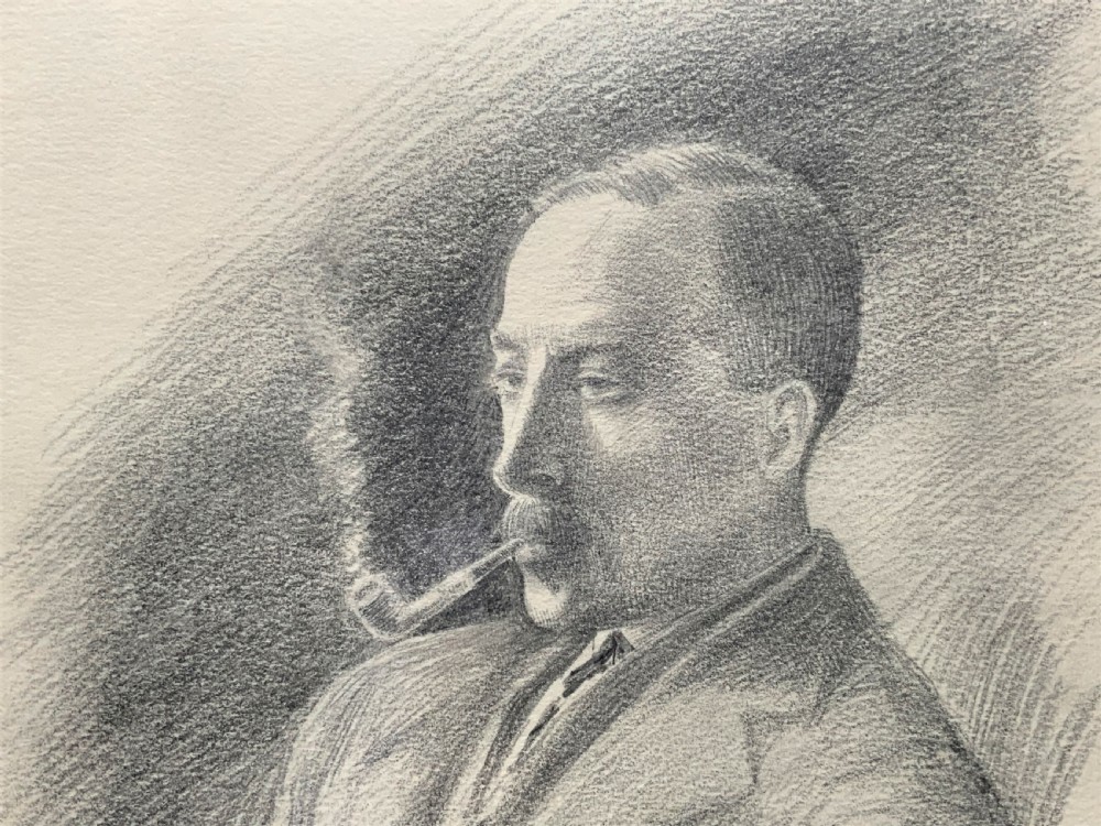 SUPERB ORIGINAL 19thc ENGLISH SCHOOL PENCIL PORTRAIT PAINTING OF A SMOKING GENT View V