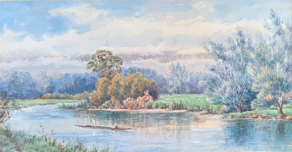 'Punting On The Colne' Early 1900s English River Landscape Watercolour Painting