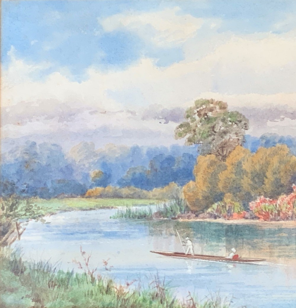 'Punting On The Colne' Early 1900s English River Landscape Watercolour Painting View V