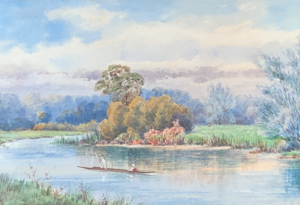 'Punting On The Colne' Early 1900s English River Landscape Watercolour Painting View VII