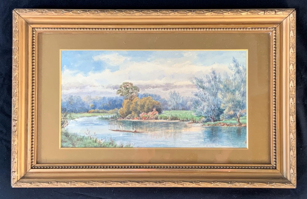 'Punting On The Colne' Early 1900s English River Landscape Watercolour Painting View VIII