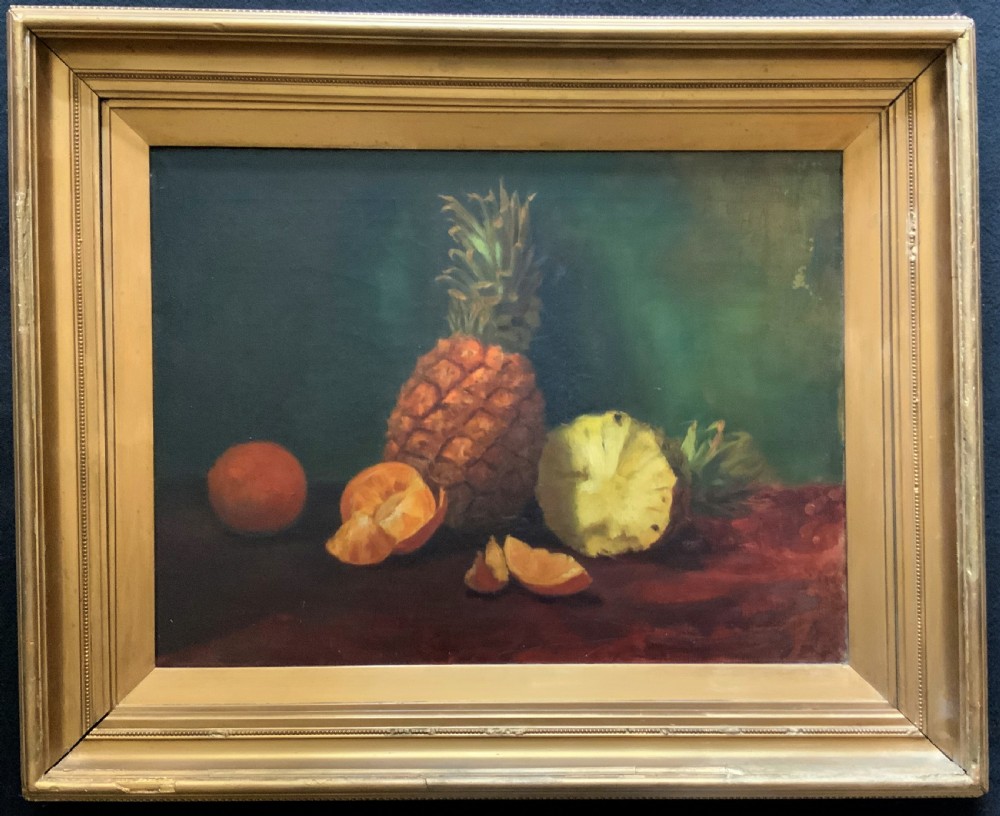 Large Early 1900s Original Antique Fruit Still Life Study Oil On Canvas Painting