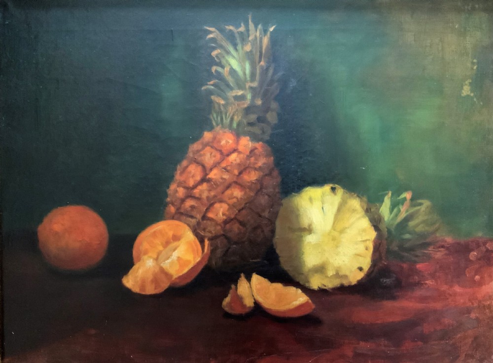 Large Early 1900s Original Antique Fruit Still Life Study Oil On Canvas Painting View II