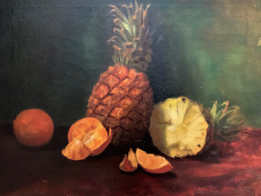 Large Early 1900s Original Antique Fruit Still Life Study Oil On Canvas Painting View III