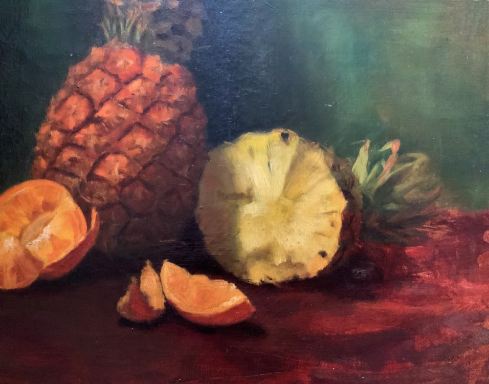Large Early 1900s Original Antique Fruit Still Life Study Oil On Canvas Painting View V