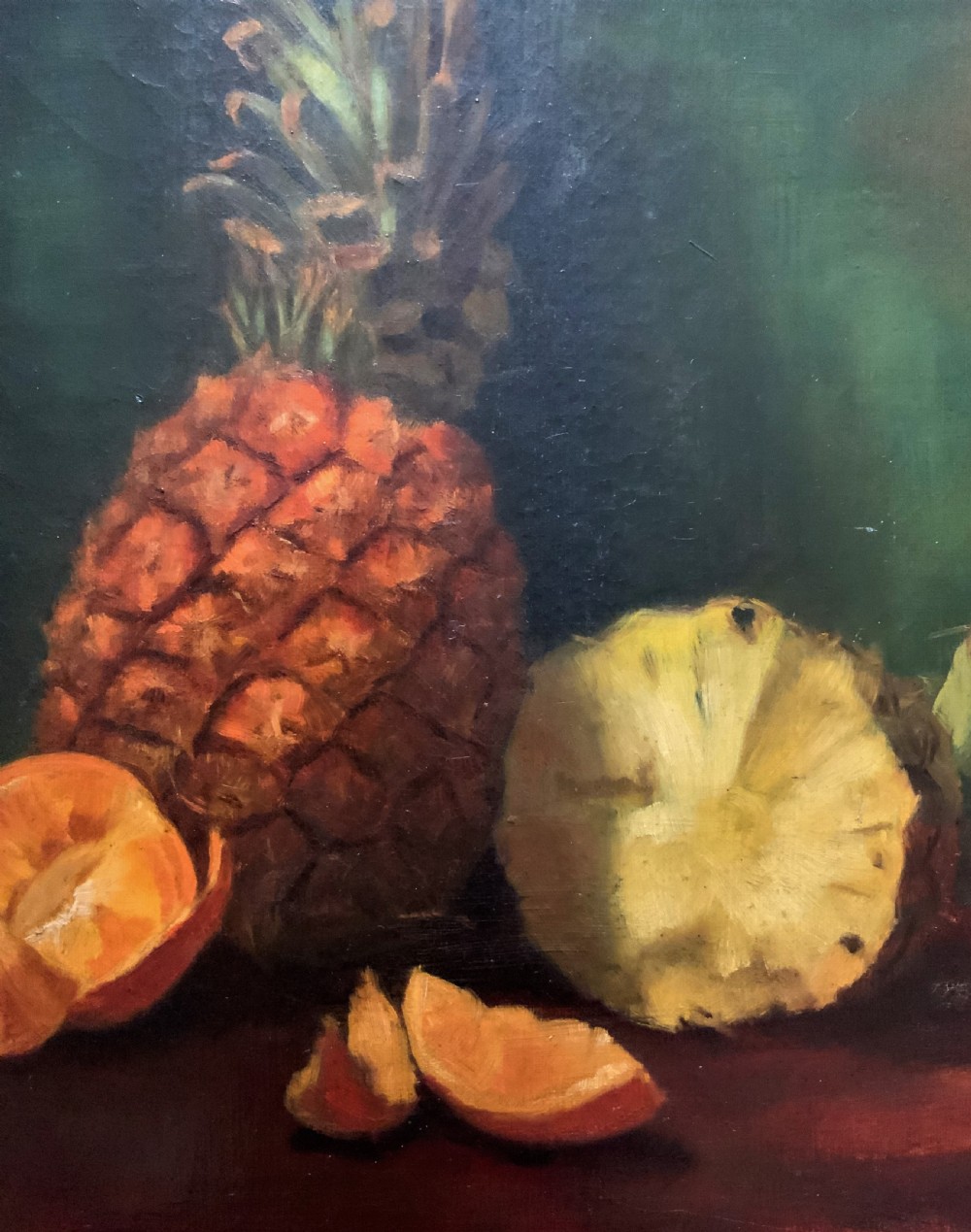 Large Early 1900s Original Antique Fruit Still Life Study Oil On Canvas Painting View VI